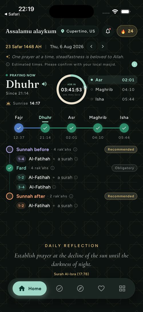 Aya showing today's prayer times